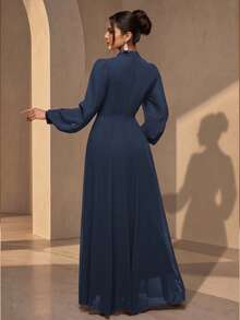 Elegant Women's Long Sleeve Stand Collar Dress, Perfect Formal Gown For Evening Events Wedding Party Fall - Royal Blue - View 2