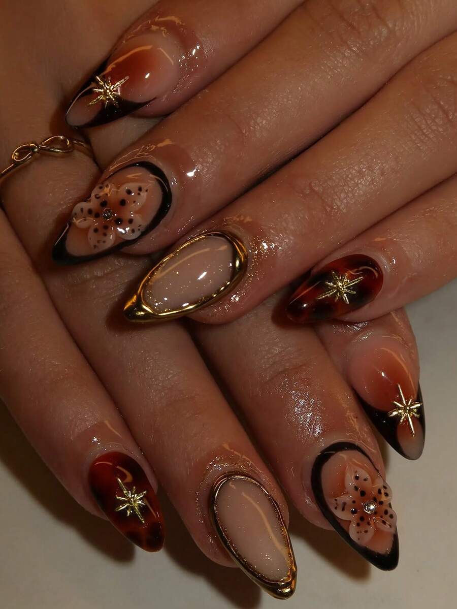 30pcs Medium Almond Shaped Leopard Print Brown Nails, 3D Gel Floral & Star Decor French Nail Set, Includes 1 Jelly Glue Sheet And 1 Nail File, Fall Nails For Women Daily Work And Party Occasions - Multicolor - View 1