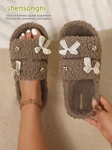 shensongni Women's Sweet Bow & Star Decor Plush Open Toe Slippers, Double Layer Fuzzy House Slippers, Soft Non-Slip Warm Indoor Plush Style, Suitable For Autumn/Winter - Coffee Brown - View 10