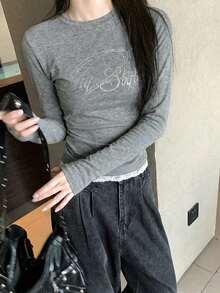 Women's Rhinestone Design Fitted Long Sleeve T-Shirt, Versatile Inner Layer Top - Grey - View 6