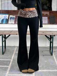 Women's Low Waist Casual Patchwork Contrast Color Leopard Print Wide Leg Pants - Black - View 7