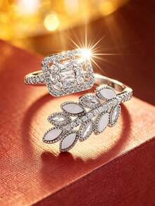 1pc Luxury Fashion Square Leaf Shaped Open Ring For Women, Classic Design Finger Ring, Elegant Accessory For Party And Evening Event, Gift For Girlfriend - Open Ring - View 3
