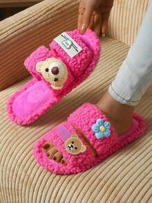 shensongni Women's Soft Plush Open Toe House Slippers, Cartoon Bear & Flower Decor, Sweet Asymmetric Design, All Season Rose Red Fleece Indoor Slippers - Rose Red - View 11