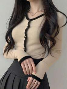 Women's Contrast Color Front Button Long Sleeve Cardigan, Casual Home Wear, Early Autumn - Apricot - View 1
