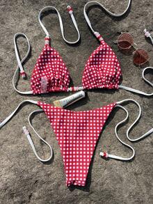 HOTTIE HABIT Women's Red Polka Dot, Halter Triangle, 2 Pieces Bikini Set, High Cut, Beaded Detail, Summer Beach Vacation - Multicolor - View 7
