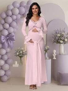 JustVH Maternity Lace Patchwork Ruched Tie-Waist Fitted Maxi Dress, Party Gown For Baby Shower/Photo Shoot - Pink - View 7
