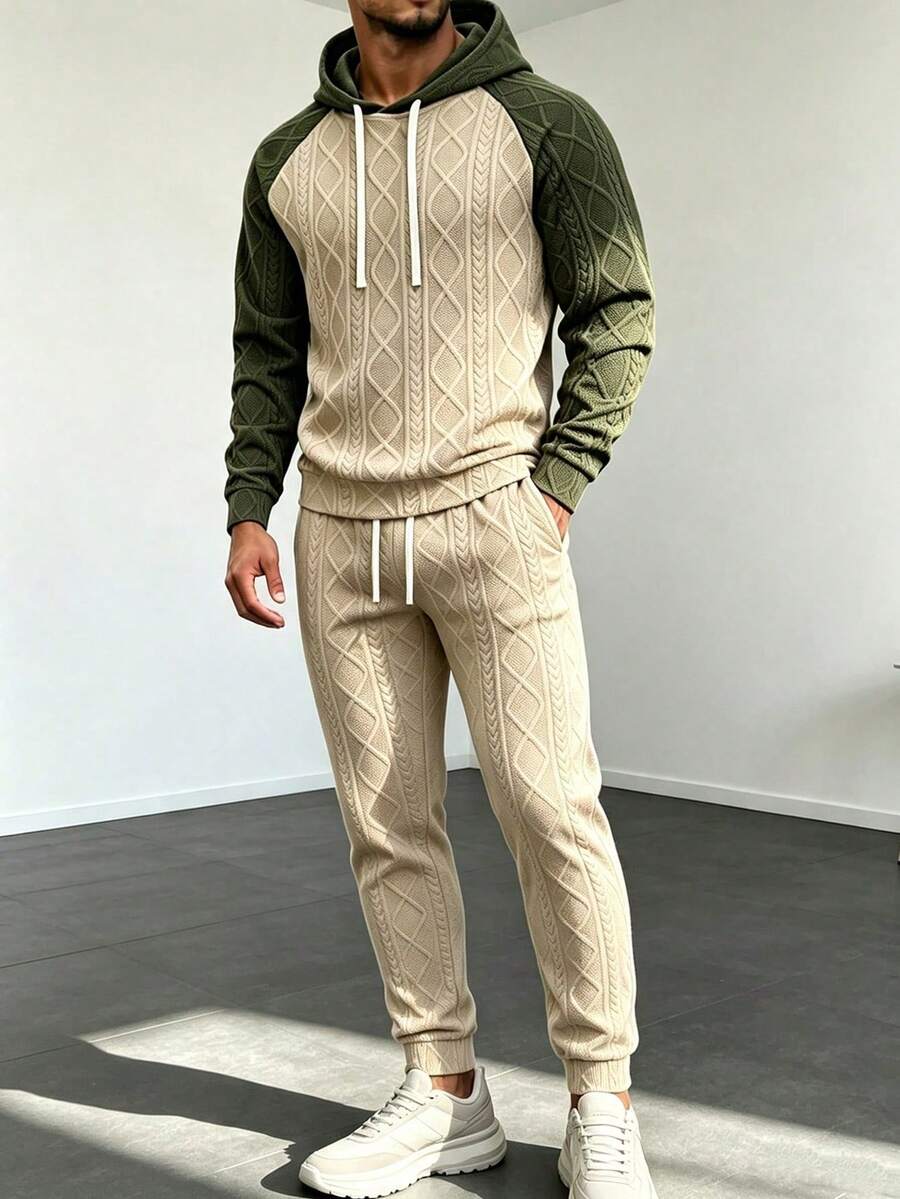 Men's Autumn/Winter Jacquard Hooded Sweatshirt & Long Pants Set - Khaki - View 1