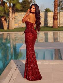 Shiny Red Sequin Halter Neck Long Mermaid Dress, Charming Sleeveless Bodycon Design Evening Gown, Suitable For Formal Occasions, Dinner Parties, Events - Burgundy - View 2