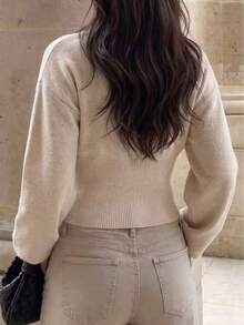 Cardigan court en tricot blanc à col V et taille cintrée pour femmes Live To Mo, pull ajusté à manches longues évasées, convient pour l'automne, la rentrée scolaire et les sorties décontractées quotidiennes - Kaki - Voir 9