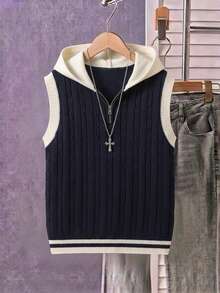 Boys' College Style Colorblock Cable Knit Hooded Half-Zip Sleeveless Pullover Sweater, Suitable For School, Daily Casual, Spring, Autumn, Winter - Navy Blue - View 2
