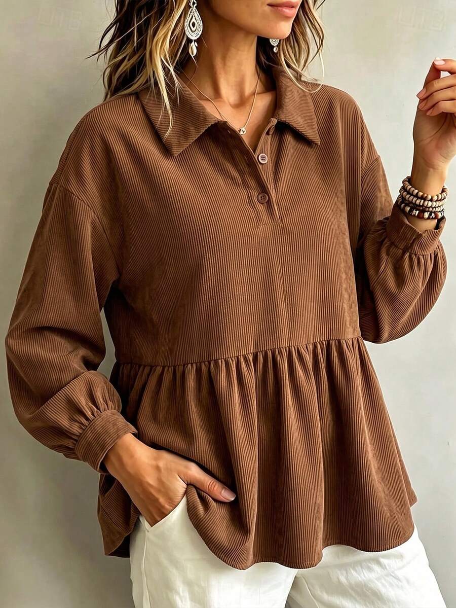 YI XUAN 大尺碼女款燈芯絨 Polo 領荷葉邊遮肉上衣,長泡泡袖寬鬆娃娃衫,休閒秋季日常度假街頭風襯衫 - 棕色 - 查看 1