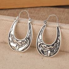 1 Pair Vintage Hand-Carved Water Ripple Round Hoop Earrings, Women's Retro Fashion Ear Jewelry, Suitable For Daily Wear And Vacation - Silver - View 6