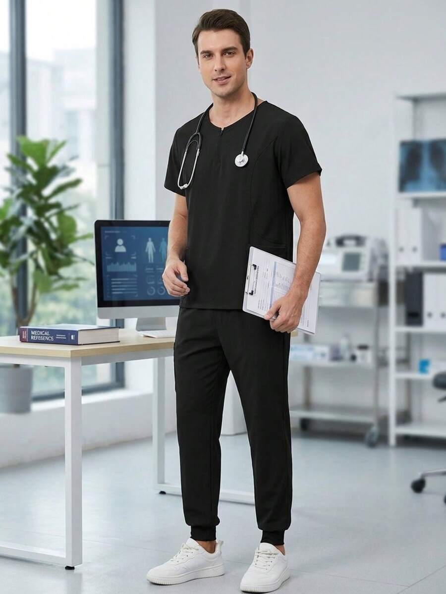 Scrubs Set For Men Nurse Uniform Jogger Suit Stretch Top & Pants With Multi Pocket Zipper V-Neck Design Short Sleeve Doctor Nurse Clothing Workwear - Black - View 1