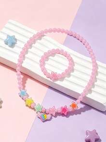 2pcs/Set Cute Resin Heart Pendant Star Beaded Necklace & Bracelet Jewelry Set For Girls, Daily, Holiday, Party Gift - Multicolor - View 2