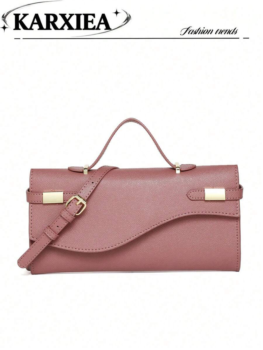 Litchi Texture Leather Handbag, Fashionable Minimalist Design, Simple Solid Color Small Square Bag, Versatile Small Bag, Multi-Purpose Shoulder Crossbody Bag - Pink - View 1