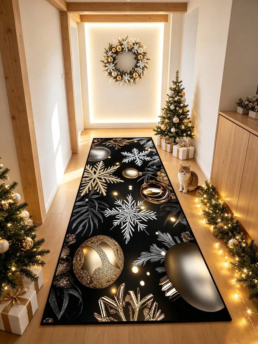 1pc Black Christmas Hallway Runner Rug, Long Strip Carpet, Area Rug, Mat, Home Decor, Living Room Area Rug, Living Room Home Decor, Room Decor, Washable Carpet - Multi-color C - View 1