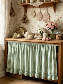 1PC Green And White Plaid Ruffle Table Skirt, Vintage Country Style, Suitable For Kitchen Sink, Laundry Area Shelves, Small Windows, Rod-Style Curtain To Hide Clutter - Green - View 5