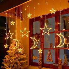 Solar Curtain Lights - Christmas Star And Moon Window Lights, Fairy Lights, 8 Modes - Christmas Decorations, Indoor Windows, Bedrooms, Parties, Weddings, Plug-In LED Curtain Lights, Holiday Decorations - Solar Powered Star and Moon Curtain Lights - View 8