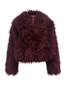 Women's Autumn/Winter Burgundy Short Plush Open Front Long Sleeve Jacket - Burgundy - View 2