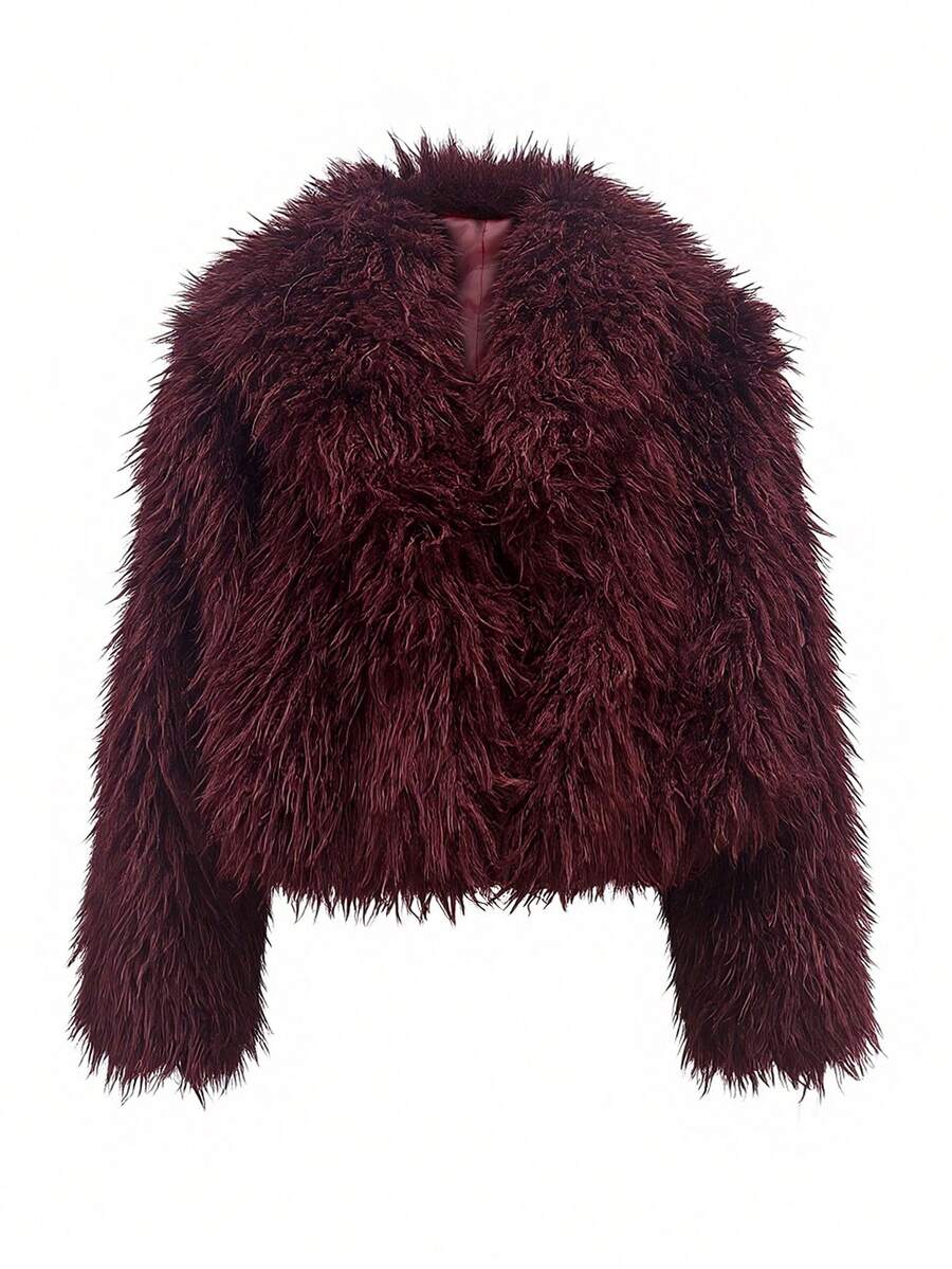 Women's Autumn/Winter Burgundy Short Plush Open Front Long Sleeve Jacket