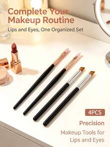 4pcs Professional Makeup Brush Set Soft Bristle Lip Brush + Angled Concealer Brush Precise Lip Line Definition Conceal Blemishes Dark Circles Beginner Portable Eye & Lip Makeup Tools - Black - View 3