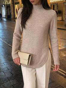 SEREN Fashion Sweater Rajut Bergaris Leher Tinggi Wanita, Atasan Rajut Lengan Panjang yang Nyaman, Cocok untuk Musim Gugur/Musim Dingin - Khaki Bunga - View 1