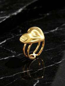 1pc Minimalist Golden Heart Open Ring Stylish Statement Jewelry For Women Daily Party Wear - Yellow Gold - View 3