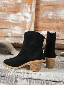 Women's Solid Color Western Style Side Zipper Smooth Chunky Heel Outdoor Ankle Boots - Black - View 5