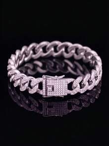 1pc Zinc Alloy Full Rhinestone Cuban Chain Bracelet, Densely Set Rhinestone Curb Chain, Men's Jewelry, Men's Gift, Hip Hop Street Style, Suitable For Daily Wear, Nightclub Party And Birthday Gift - A - View 8