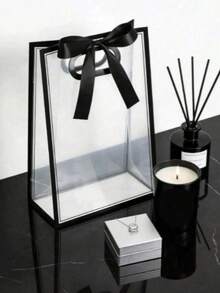 12pcs/Pack - Clear Gift Bags With Black Edge And Satin Bow; Reusable Clear PVC Tote Bags; Perfect For Wedding, Bridal Shower, Birthday Gift Wrapping, Baby Shower And Luxury Gift Packaging; Also Suitable For Floral Display In Boutiques (Multiple Colors Available) - Transparent Gift Bag With Black Trim (including Ribbon) - View 3
