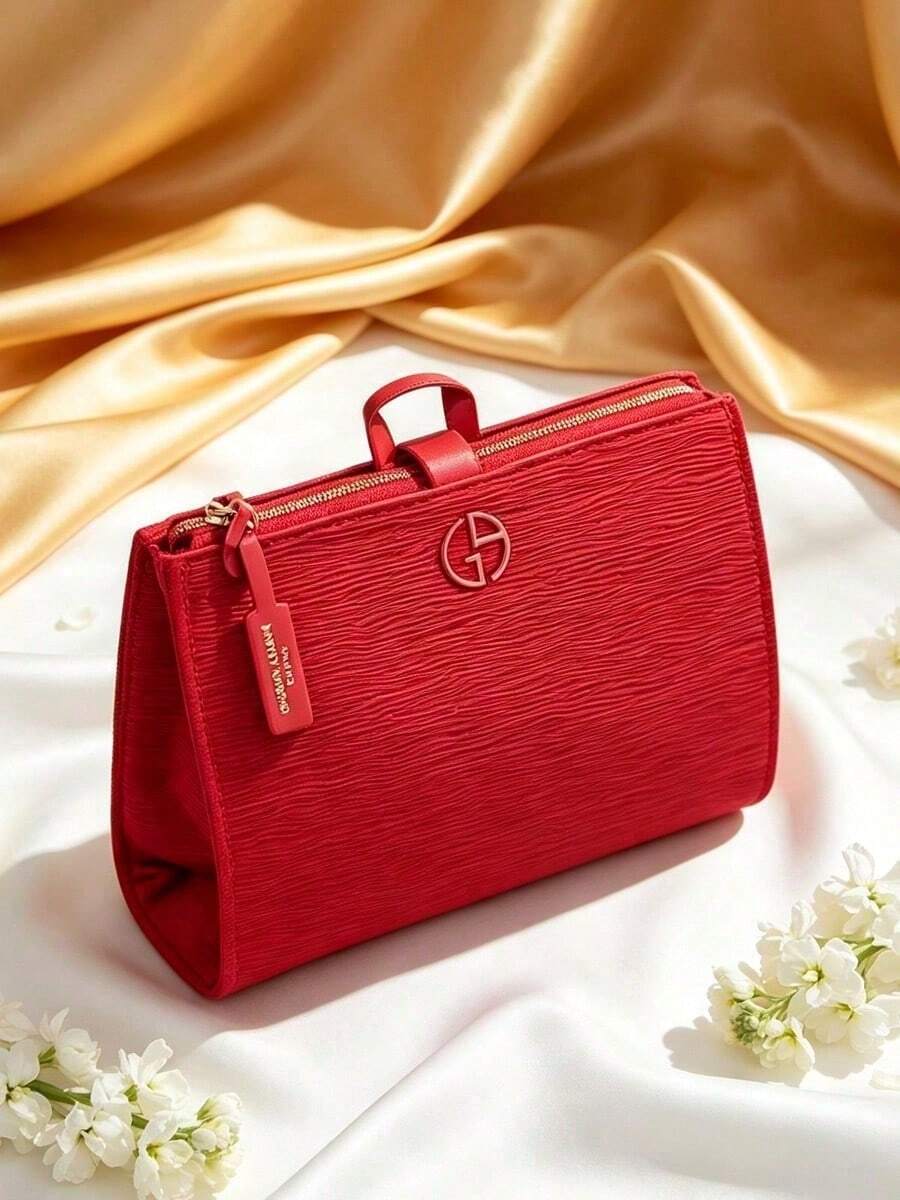 2 Colors Available Embossed Texture Cosmetic Storage Bag With Carry Strap Zipper Closure Portable Travel Toiletry Pouch For Makeup Skincare Organization Holiday Birthday Gift Armani - Red - View 1