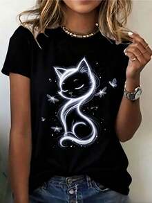 Camiseta de verano holgada y transpirable, con un diseño estampado de gatos elegantes, camiseta de moda para uso casual, blusas femeninas, blusas adorables de estilo Y2K. - Negro - Ver 8