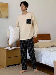 DAZY [AICJ Sleepwear] 2件套男士休閒寬鬆圓領長袖上衣與格紋拼接褲家居服套裝 - 米色 - 查看 6