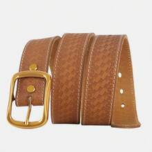 1pc Men's Full Grain Leather Belt With Soft-Edged Rectangular Frame Buckle And Intricate Braided-Texture Embossed Strap Surface - SC048 - View 3