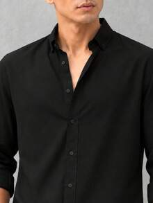 Men's Slim-Fit Casual Long-Sleeve Button-Up Shirt - Soft Textured Cotton-Linen Blend Breathable Shirt For Modern Smart-Casual & Everyday Wear - Black - View 4