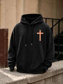 FRACTYR Men's American Style Front & Back Double Print Cross & Bible Verse Loose Fit Hoodie, High Street Style Oversized Drop Shoulder Couple Pullover Sweatshirt - Black - View 6