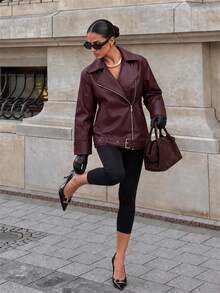 Women's Streetwear Solid Color Leather Short Jacket, Autumn/Winter,Black/Brown/Burgundy Jacket,Winter Jacket For Women - Burgundy - View 7