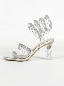 Women's Square Toe Crystal High Heel Sandals With Rhinestone Snake Wrap Strap, Elegant Fashion Open Toe, Minimalist Basic Style For Summer And Autumn - Silver - View 2