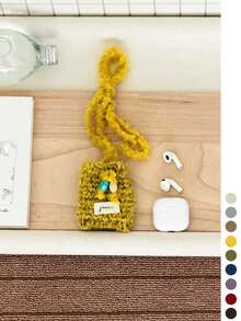 1pc Mini Knitted Phone Bag, One Shoulder Crossbody Small Bag, Niche Design Woolen Woven Coin Purse - Fabric Label Curly Hair Bead Crossbody Earphone Bag - View 12