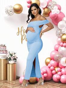 JustVH Maternity Mesh Off Shoulder Elegant Summer Sleeveless Dress For Baby Shower Photoshoot Spring Fall - Baby Blue - View 6