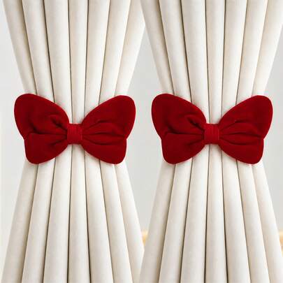 Multi-Color Velvet Bow Curtain Tiebacks, Adjustable Faux Pearl No-Drill Curtain Hooks, Decorative Curtain Fasteners For Bedroom Living Room Home Decor, Red Pink White