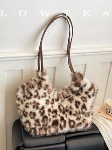 low tea 1pc Crescent Bucket Plush Fabric Shoulder Tote Bag, Suitable For Commuting, Shopping And More - Coffee - View 8
