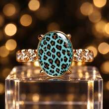 Women's Water Blue Leopard Print Oval Personalized Ring, Gold Tone Transparent Sparkling Rhinestone Decor Fashion Ring, Animal Print Cocktail Jewelry, Suitable For Party, Daily Wear And Gift Giving - Multicolor - View 5
