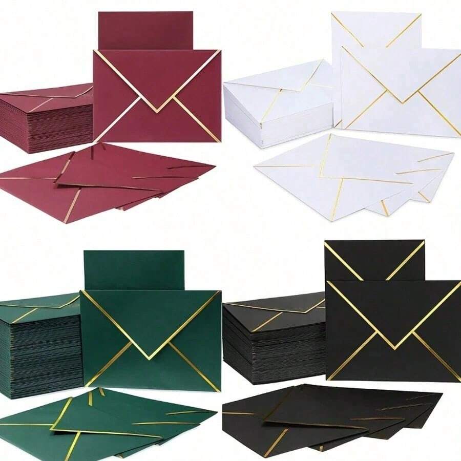 100pcs Invitation Envelopes, Wedding Invitations With Envelopes, Paper Envelopes, Western Style Gold Foil Double-Sided Printed C6 Envelopes, Size 13.5X18.5cm, Suitable For Graduation, Wedding, Birthday And Baby Shower