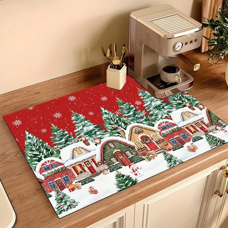 1pc Christmas Absorbent Mat, Christmas Town Pattern, Kitchen Countertop Absorbent Drying Mat, Coffee Machine Mat, Pour-Over Coffee Pot Mat, Dish Drying Mat, Non-Slip Heat-Resistant Kitchen Mat, Table Mat, Breakfast Mat, Washing Machine Mat, Home Kitchen Dining Table Coffee Shop Bar Decor Mat, Holiday Party Housewarming Gift, Christmas Holiday Gift! - Multicolor - View 13