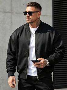 Men's Zipper Flight Jacket, Lightweight Jacket, Solid Color, Suitable For Husband, Long Sleeve, Workwear, Suitable For Autumn - Black - View 1