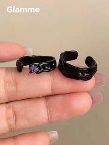 2pcs/Set Dark Style Black Textured Asymmetrical Fashion Rings, Niche Cool Open Stackable Rings - Black - View 8
