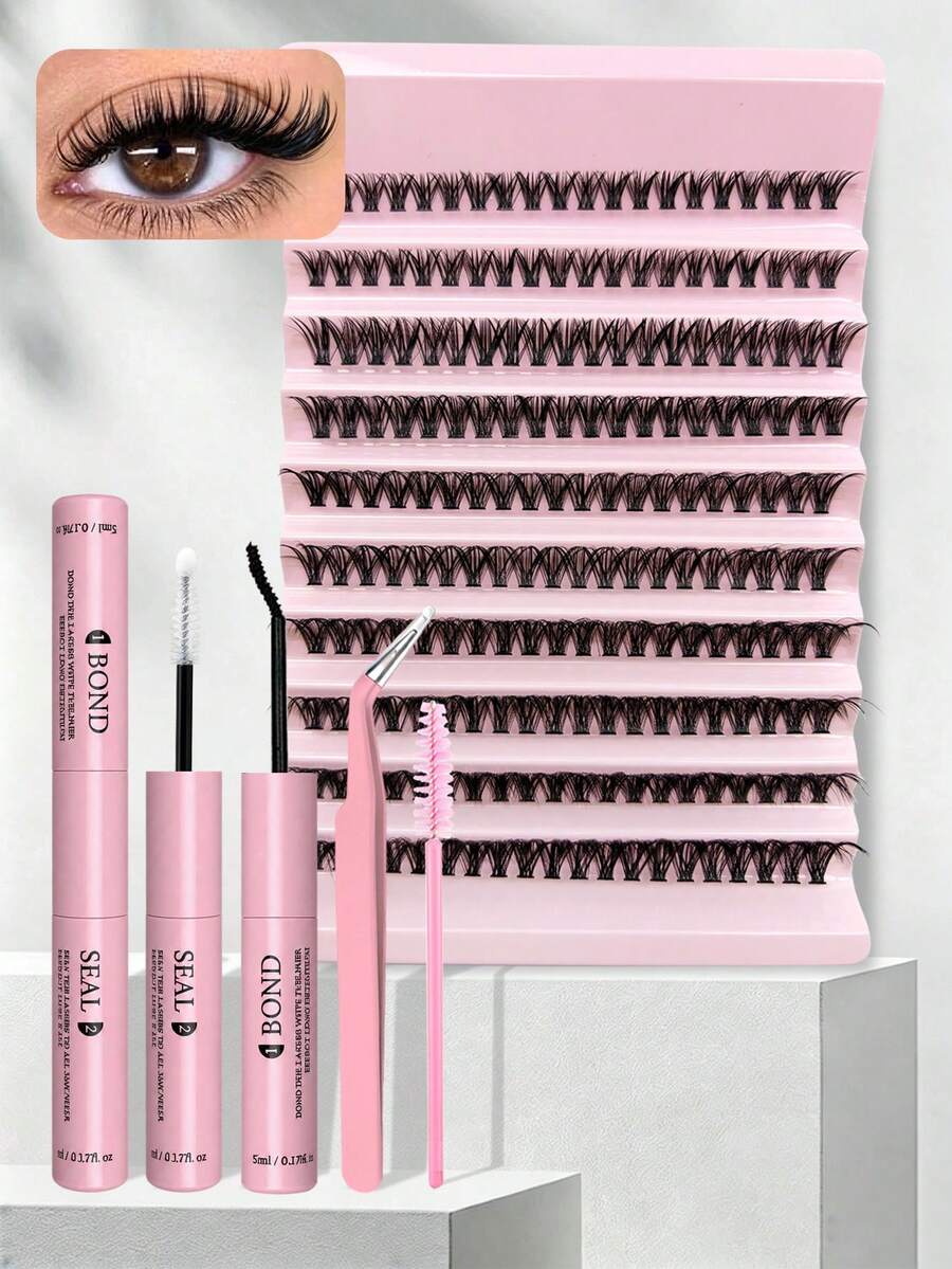 200pcs False Eyelash Extension Kit C-Curl, Includes Eyelash Extension Glue, Eyelash Tweezers, Eyelash Brush, False Eyelash Tools, 10-16mm Mixed Length Eyelash Clusters, DIY Eyelash Extension, Suitable For Cosplay, Anime And Daily Makeup. - Black - View 1
