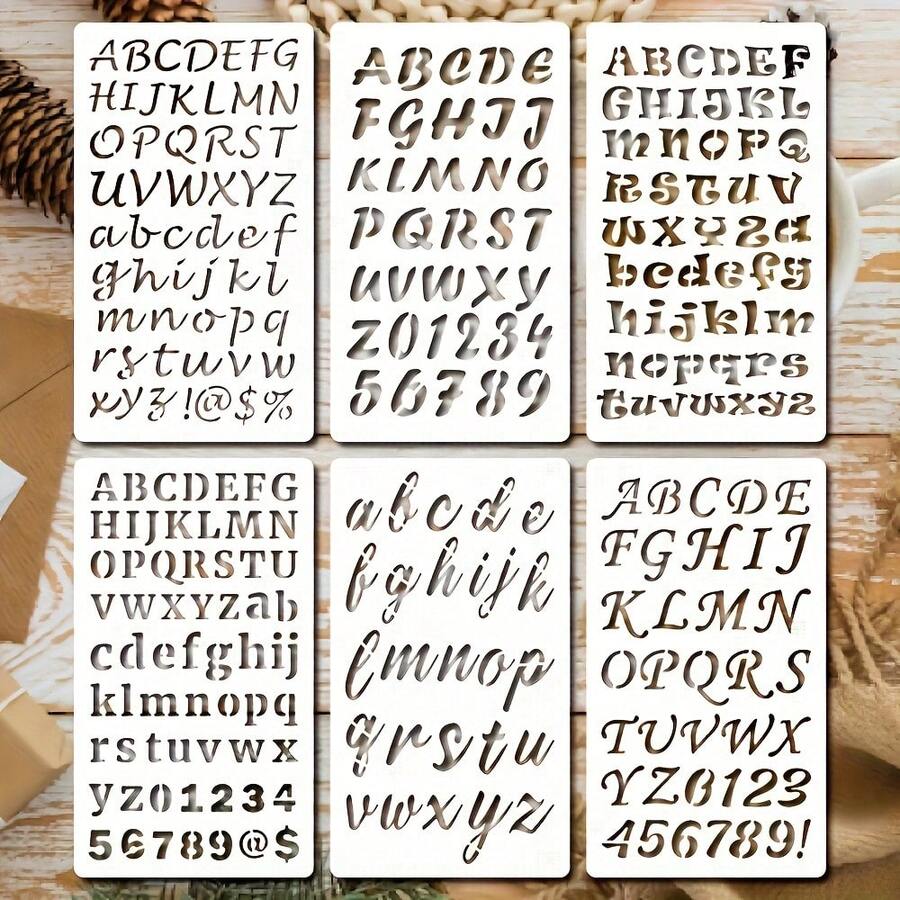 6pcs Reusable Letter And Number Painting Stencil Set, For Hand Drawing, Creative Coloring, Painting, Drawing, Journaling, Scrapbooking And Crafting, Made Of Cream White PET Plastic - Multiple Fonts And Designs - 6-letter Template - View 1