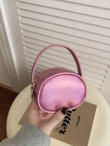 Vintage Shiny Oval Handbag For Girls, Litchi Grain Mini Zipper Decor Small Bag, Suitable For Daily Use And Street Style Matching - A - View 5